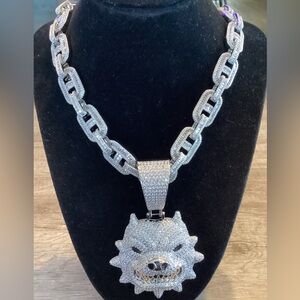 14K  GOLD PLATED  ICED OUT PITBULL DOG PENDANT+MIAMI CUBAN CHAIN  15MM 22INCH